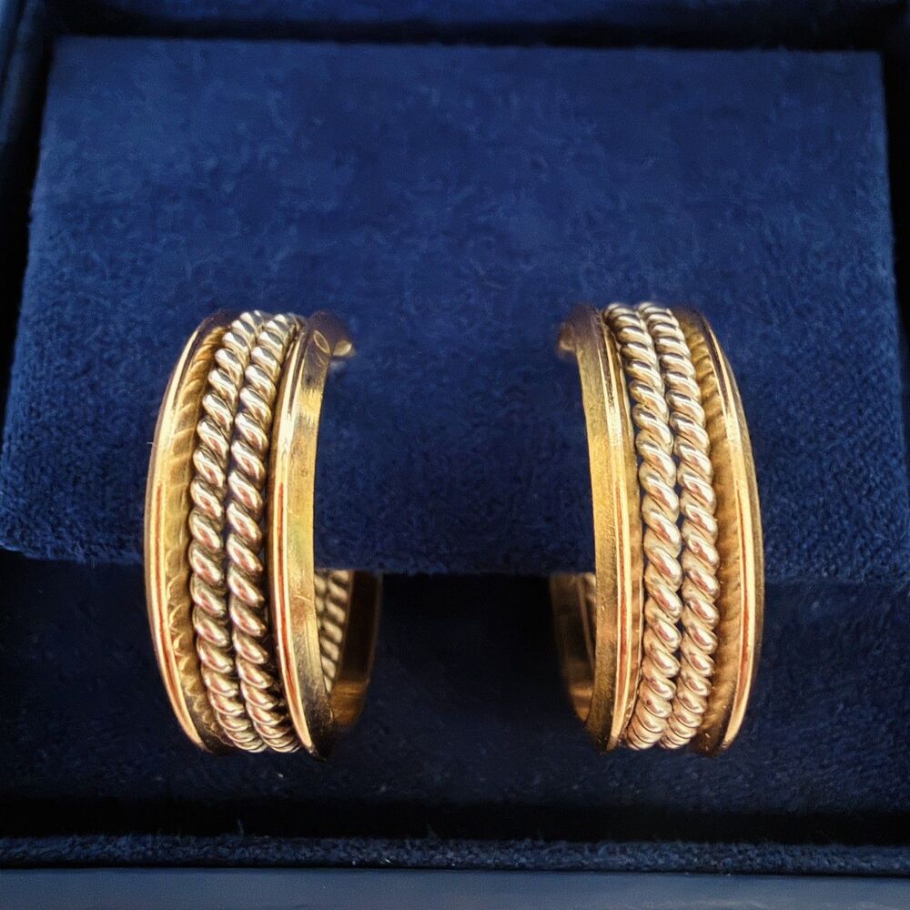 Vintage Sterling Silver & 12K Gold Fill Navajo Rope Style Hoop Earrings 7/8"